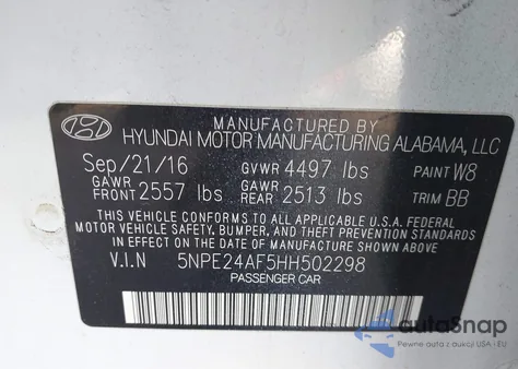 2017 Hyundai Sonata Se from USA, damaged, VIN 5NPE24AF5HH502298